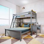 Max & Lily Bunk Bed, L Shape Twin-Over-Full Bed Frame for Kids with Bookcase and Desk, Grey