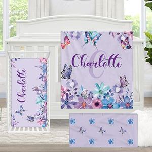 KAINSY Personalized Baby Crib Bedding Set, 3 Pcs Custom Baby Crib Set with Name, Purple Butterfly Nursery Bedding Set, Baby Bedding Set for Baby Girls, Customized Gifts for Toddlers Infants Kids
