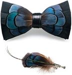 JEMYGINS Handmade Feather Pre-tied Bow tie and Brooch Sets for Men, Peacock Blue/Black