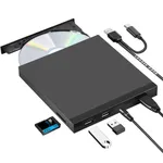 ROOFULL External CD DVD Drive Burner USB 3.0 Type-C with Extra USB Ports and SD Reader, Portable DVD/CD ROM +/-RW Optical Disc Drive Player for Mac & Windows 11/10/8/7 Laptop Desktop PC