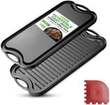 NutriChef Cast Iron Griddle Reversible- Flat & Grilled, Heavy Duty BBQ Skillet Griddle, Extra Wide Flat Grill Pan, with Scraper, Safe for Induction, and All Stovetops