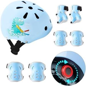 Kids Bike Helmet, Toddler Bike Helmet and Knee Elbow Wrist Pads for Ages 2-10 Girls Boys Adjustable Protective Gear Blue Dinosaur Helmets for Skateboard Cycling Skating Scooter Outdoor Sport