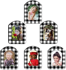 The Original Mini Photo Christmas Ornaments, Magnetic Easy-Load Rustic Buffalo Plaid Picture Frame Ornament, Includes Photo Protectors Plus Hooks for Hanging, Vertiical, Black and White 6-Pack