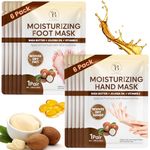 Moisturizing Hand & Foot Mask Set with Shea Butter, Jojoba Oil & Vitamin E, Foot Mask for Dry Cracked Feet & Hand Moisturizer Gloves, 6 Hydrating Socks, 6 Moisturizing Gloves (6 Pairs Each)