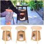 ANSCHAUN Cat Condo Side Table, 2-in1 End Table & Cat Bed, Kitten Hideaway Cave House Washable Cushion, Decorative Pet Furniture, Coffee Table Hideout Hut (Nature Rattan Classic Wood Top)