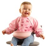 Bibetta Ultrabib - Weaning bib with Sleeves - Premium Neoprene for Comfort - Waterproof - Baby Bibs with Crumb Catcher Pocket for Feeding Toddler & Babies - Roll Up and Machine Washable (Pink Hippos)