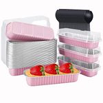 LNYZQUS Mini Loaf Pans with Lids 50 Pack, 6.8oz Rectangle Aluminum Foil Baking Pans Tins Containers,Disposable Ramekins Baking Cups Muffin Tins Cupcake Cups for Mini Brownie Cake Bread Loaf -Pink