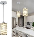 XSDeTu Crystal Pendant Light, Modern Chrome Crystal Chandelier, Adjustable Kitchen Pendant Hanging Light Fixture with Long Cord, Metal Ceiling Pendant Lighting for Kitchen Island, Dining Room, Hallway