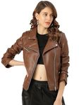 DEL JONNES Women | Girls Faux Leather Biker Jacket with Lapel Collar (M, BROWN)