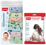 Luvlap Ultra Thin Honeycomb Nursing Breast Pads, 36Pcs, Disposable, High Absorbent, Discreet Fit & Hosiery Cotton Cloth Premium Baby Washcloth, Giraffe Print, Pack of 7 Pcs, Multicolour