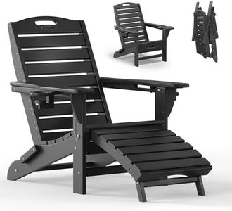 SUUNYN Folding Adirondack Chair with Retractable Ottoman Weather Resistant Fire Pit Chair Patio Chair with 2 Cup Holder Lawn Outdoor Lounge Chair (Black)