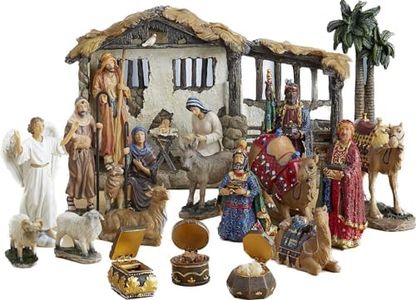 Three Kings Gifts 23 Pieces, 5-Inch The Real Life Nativity - Includes Lighted Stable, Palm Tree and Chests of Gold, Frankincense and Myrrh