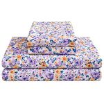 Mooreeke Floral Full Bed Sheets, Soft Microfiber Vintage Printed Bedding Sheets & Pillowcases, Deep Pocket Non-Slip Fitted Full Sheet, Purple Yellow Flower Pattern Bedsheets