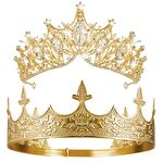 Sureio 2 Pcs Antique Royal King Crown for Men Baroque Queen Crown for Halloween Crystal Tiara Prom Party Headband Accessories(Vivid Style)