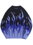 ZAFUL Men's Oversized Sweater Y2K Aesthetic Flame Graphic Crewneck Knit Pullover Unisex Casual Sweaters, 0-blue, Large