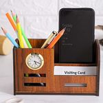 Deskart Pen Holder for Table Stylish | Wooden Pen Stand With Clock, Mobile and Visiting Card Holder for Office Desk and Study Table | Multipurpose Desk Organizer Aesthetic Accessories