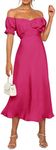 KIRUNDO Women's Summer Satin Midi Dress Off Shoulder Wrap Ruched Wedding Guest Party Cocktail Formal Prom Valentines Dress(Rose Red, Medium)