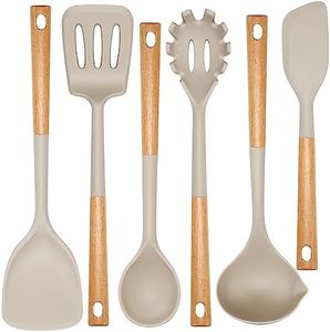 NCUE Kitchen Utensils Set, Large Non-stick Silicone Cooking Utensils Set 6 Pcs, Wooden Handle Heat Resistance Silicone Spatula Soup Ladle Pasta Server Kitchen Gadgets Utensils Set BPA Free (Khaki)
