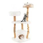 PETSITE 49" Tall Wooden Cat Tree, Solid Wood Cat Tower with Jute Scratching Posts, Cat Condo, Cattail Fluff Top Perch, Multi-Layer Cat Activity Center, Modern Cat Climbing Furniture for Indoor Cats