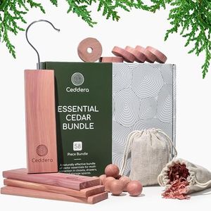 Ceddera Essential Cedar Bundle | Natural Cedar Blocks for Clothes Storage | Eco Friendly Cedarwood for Closets | Moth Ball Alternative | 58 Total Pieces - 8 Hang Ups, 24 Rings, 24 Balls & 2 Sachets