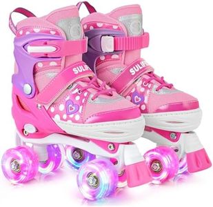SULIFEEL Adjustable Roller Skates for Girls Ages 5-8 6-12 with Polka Dots & Bow, Light Up Wheels, 4 Sizes Adjustable for Beginner Kids Skates Indoor Outdoor Sports