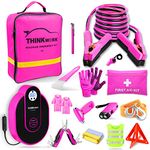 THINKWORK Car Emergency Kit for Teen Girl and Lady's Gifts, Pink Emergency Roadside Assistance kit with Digital Air Compressor, 10FT Jumper, First Aid Kit, and More Ideal Pink Car Accessories Tool -E7