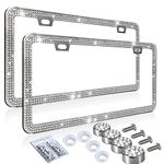 2 Pack Bling License Plate Frame Canada, Sparkly Rhinestone Stainless Steel Car License Plate Covers, Handcrafted Clear Glass Crystal Diamond License Plate Covers Holder