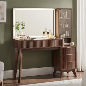 T4TREAM 48" Fluted Makeup Vanity Desk with 36" Lighted Mirror, Dark Walnut