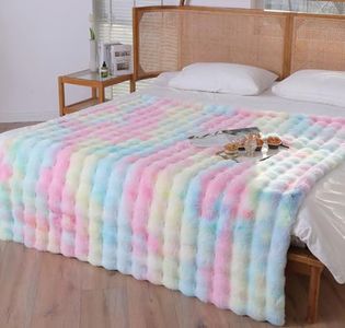 Luxury Faux Fur Throw Blanket 160x200cm, Cozy Faux Rabbit Fur Bubble Blanket, Rainbow - Soft Plush Blanket for Bed, Couch,and Home Decor