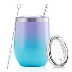 Stainless Steel Wine Tumbler,Stemless Cup,Vacuum Insulated with Lip & Straw& Brush,360ml Can be Used as Beer Mugs,Coffee Mugs,and Water Mugs,Christmas for Family and Friends (Blue Purple)