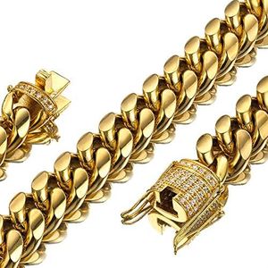 Jxlepe Mens Miami Cuban Link Chain 18K Gold 15mm Stainless Steel Curb Necklace with cz Diamond Chain Choker, 15mm Wide, Stainless Steel, Cubic Zirconia, Brass
