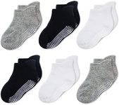 CozyWay Toddler Socks With Grippers Non Slip Ankle Grip Socks for Girls and Boys Soft Comfy Cotton - 1T-3T Unisex Black, Gray, White - 6 Pack