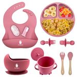 Fribix 9 PCs Silicone Baby Feeding Set, Baby Lead Weaning Supplies with Suction Bowl Plate, Toddler Self Feeding Essentials with Spoons Forks Cup Adjustable Silicon Bib for 6 Months (Raspberry Pink)
