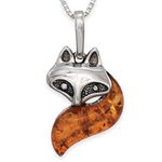 Solid Sterling Silver ~ Natural Baltic Honey Amber FOX Pendant (Optional Necklace)