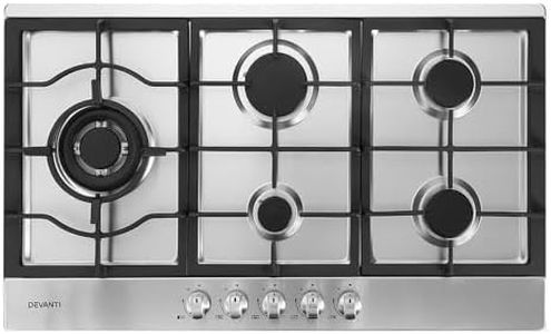Devanti Gas Cooktop, 90cm 5 Burner Portable Stove Electric Cooktops Wok Burners Cooker Super Powerful Stoves Home Kitchen Appliances, Stainless Steel Tempered Glass Surface Knob Controls Sliver