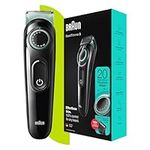 Braun Beard Trimmer Series 3 Hair Clippers & Lifetime Sharp Blades, Precision Dial For 20 Length Settings, UK 2 Pin Plug, BT3323, Black/Volt Green