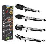 4in1 Stainless Steel Kitchen Food Tongs Set for Cooking with Silicone Tips, Toaster Steak Pie Pizza Pasta Spaghetti Noodles Salad Fruit Vegetable Grill BBQ Buffet Clamp Serving Tools Gadgets