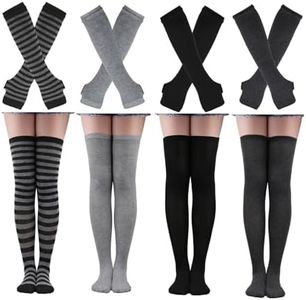 LUHOHI Black and White Striped Arm Leg Warmers Sleeves Set，Striped Socks Knee High and Fingerless Gloves Rainbow Fringe Hand Warmer Winter Thigh Leggings Long Knit for Women Girls Stocking,4 Sets