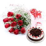 Bigwishbox Best Cake Combo Blackforest Cake 500 grams and Bouquet Of 10 Red Roses