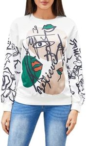 WDIRARA Women's Figure Graphic Print Sweatshirt Round Neck Long Sleeve Contrast Color Graffiti Pullovers Colorblock White XS