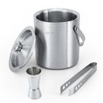 O' Holic by Perch Ice Bucket Trio Stainless Steel – Double Wall Ice Bucket 1.5 Litre with Lid, Ice Tongs & 30/60 ml Jigger | Insulated Cocktail Barware for Home, Parties & Gifting