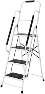 LivingSURE Folding 4-Step Safety Ladder - Heavy Duty Steel, Anti-Slip Treads, Padded Handrails - Space Saving Design - Perfect for Home, Kitchen, Office - 32 x 21 x 66 inches