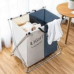 Laundry Basket Clothes Baskets Sorter Hamper Bag Folding 2 Sections Laundry Bag Dirty Clothes Basket with Aluminum Frame for Home Bathroom Bedroom