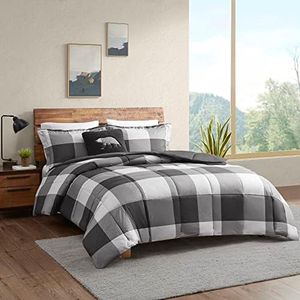 Woolrich Comforter Set, Cabin Lodge, Warm Cover for Colder Season, Modern Cottage-Inspired Down Alternative Ultra Soft Microfiber Bedding, Matching Sham, Plaid Grey/Black Twin 3 Piece
