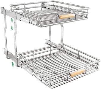 Pull out Cabinet Organizer(23"W X 21"D)-2 Tier, Heavy-Gauge Chrome Frame, Full-Extension Slide Rails, Height-Adjustable, Stylish Wooden Handle, Easy Installation for Kitchen Cabinet Organizer
