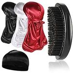 3pcs Silky Durag with Wave Brush for Men 360, Curved Medium/Hard Hair Brush Kits,A