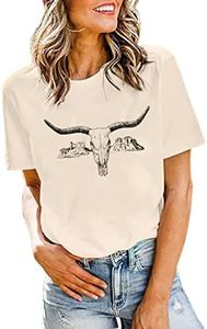 Western Cow Skull Shirt Women Funny Country Music Graphic Tees Vintage Rodeo Short Sleeve Casual T-Shirt Tops, Apricot, Medium