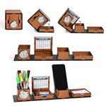 GKD Desk Organizer Stylish Foldable All in One Cube Box Office Desk Organizer with Clock Mobile Stand Portable Desk Organizer, Calendar 2024/2025 Corporate Gifts (Bamboo Ecofriendly) (Dark Wood)