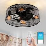 WELLCOOR Caged Ceiling Fans with Lights and Remote, 20" Flush Mount Bladeless Ceiling Fan for Bedroom Kitchen Living Room Farmhouse, Black Industrial