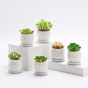 Set of 6 White Simple Porcelain Planters for Small Plant Pots Baby Succulent Cactus with Drainage and Saucer for Home Office Decoration Gift